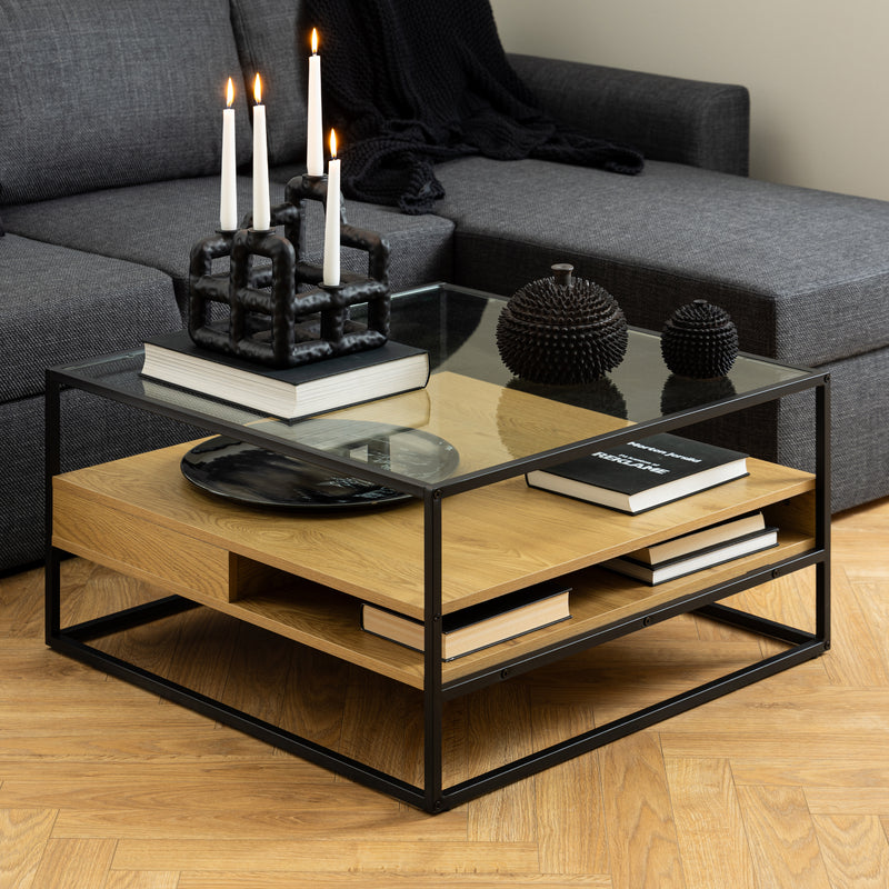 Randolf Square Coffee Table with 2 Shelves in Black and Oak — alternative angle
