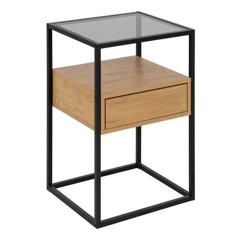 Randolf Square Bedside Table with 1 Drawer in Black and Oak — front view