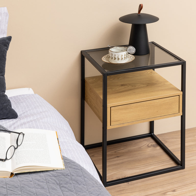Randolf Square Bedside Table with 1 Drawer in Black and Oak — alternative angle
