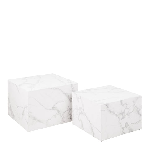 Dice Square Coffee Table Set in White Marble Carrara — front view