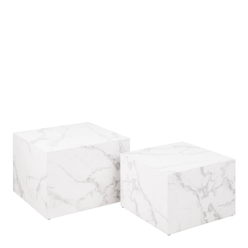 Dice Square Coffee Table Set in White Marble Carrara — front view