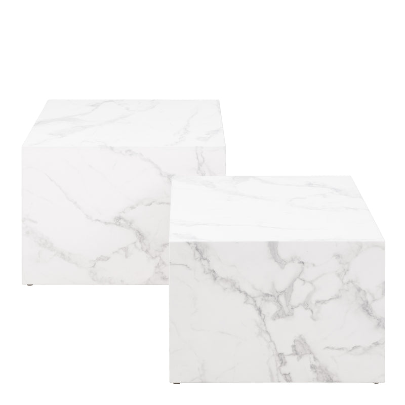 Dice Square Coffee Table Set in White Marble Carrara — side angle
