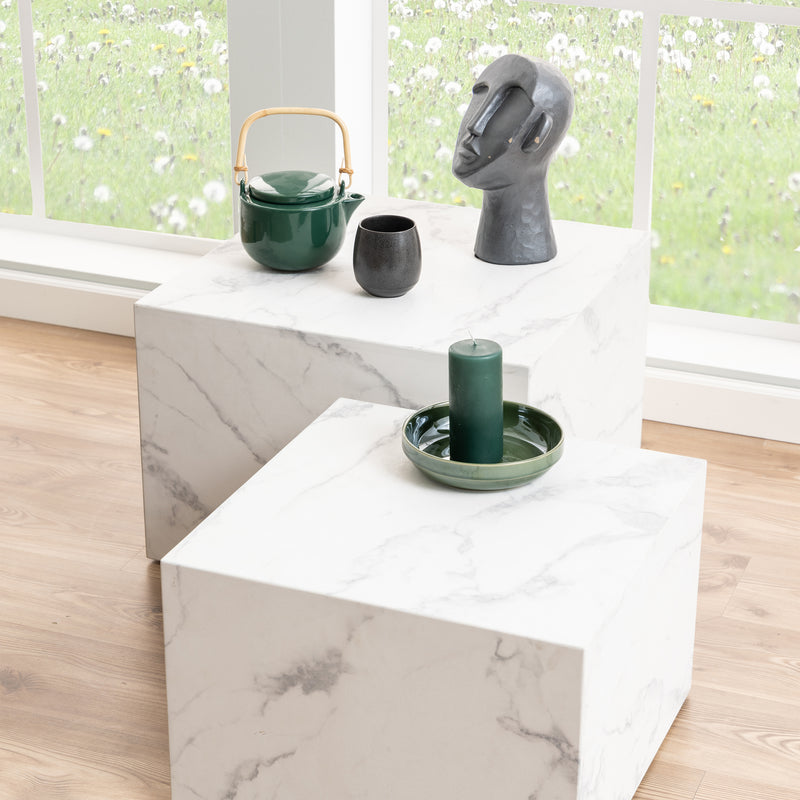 Dice Square Coffee Table Set in White Marble Carrara — alternative angle