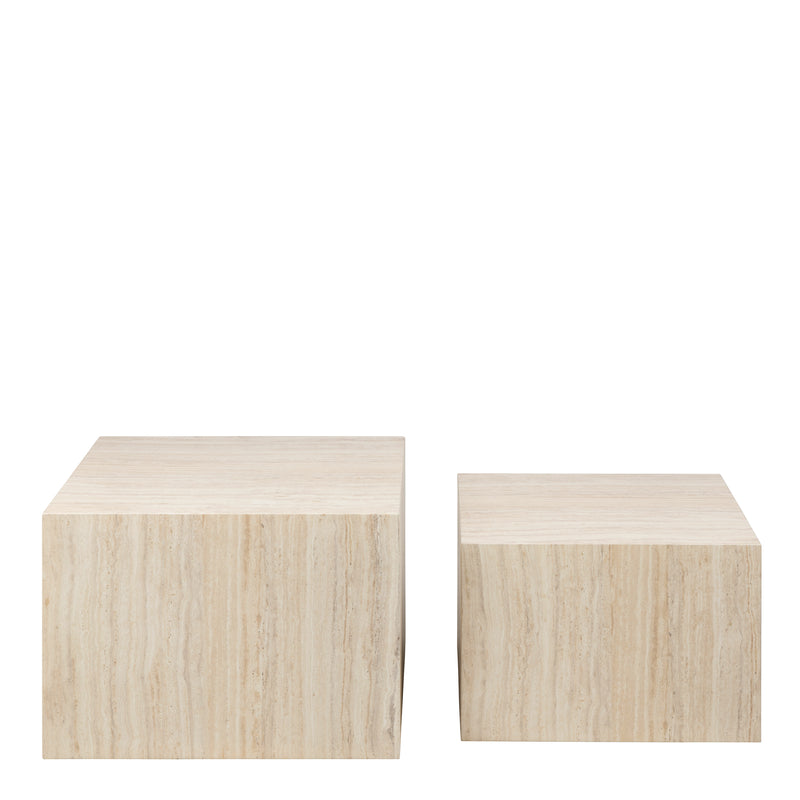 Dice Square Coffee Table Set in Light Travertine Effect — side angle