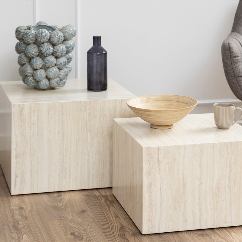 Dice Square Coffee Table Set in Light Travertine Effect — alternative angle