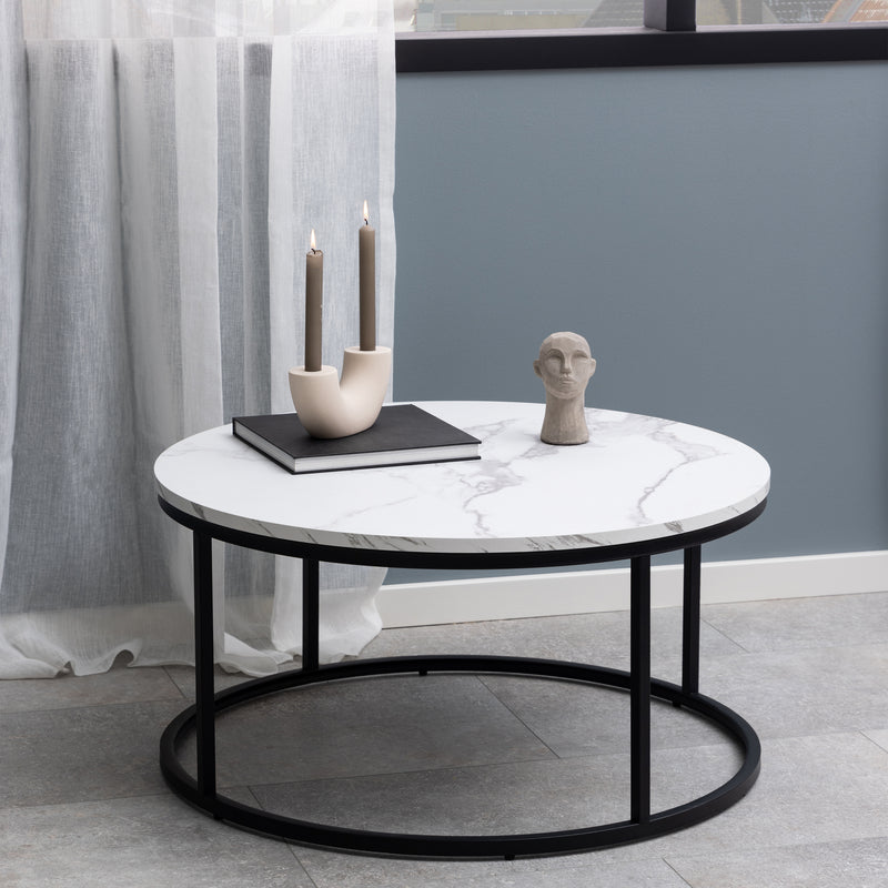 Spiro Coffee Table with White Marble Melamine Top & Black Legs — detail view