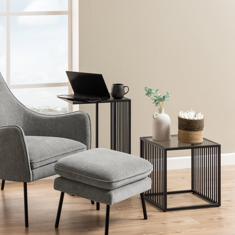Strington Side Table in Black with Glass Top — detail view