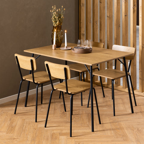 Peru Dining Table in Black and Oak 120x80cm includes 4 Peru Dining Chairs in Steel and Oak — front view