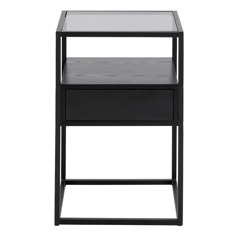 Randolf Bedside Table in Black with Smoked Glass — side angle
