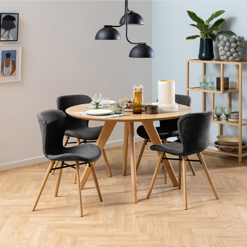 Townsville Round Dining Table in White and Oak 100cm includes 4 Batilda Dining Chairs with Grey Fabric and Oak — front view