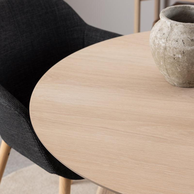 Townsville Round Dining Table in White and Oak 100cm includes 4 Batilda Dining Chairs with Grey Fabric and Oak — alternative angle