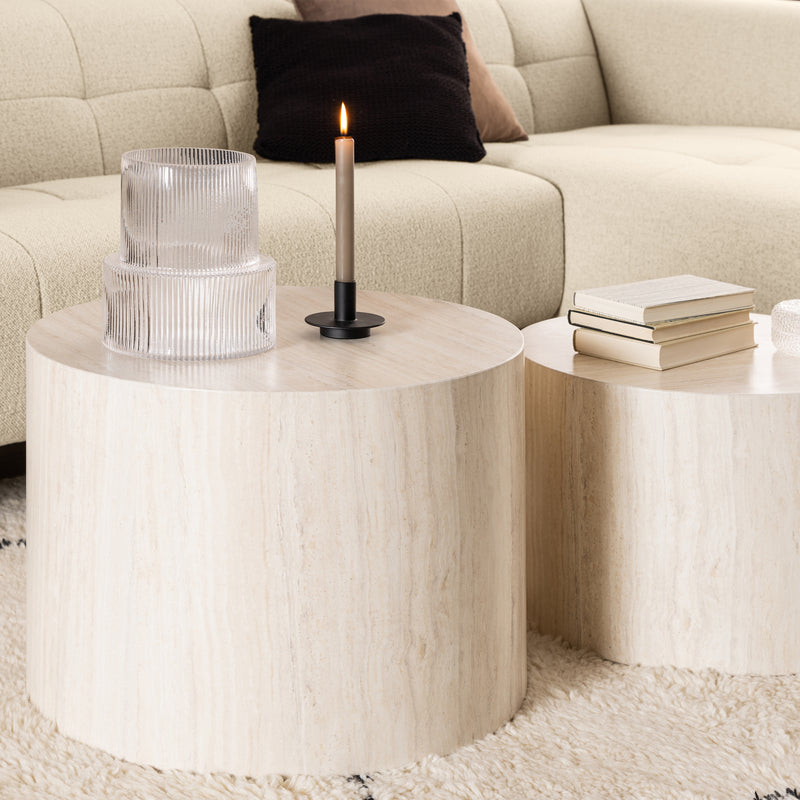 Dice Round Coffee Table Set in Light Travertine Effect — alternative angle