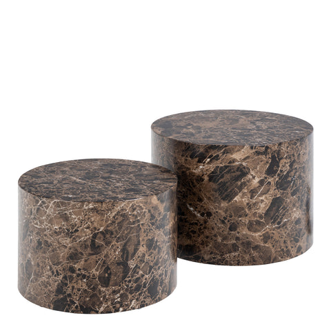 Dice Round Coffee Table Set of 2 in Brown Marble and Delhi Rough Paper — front view
