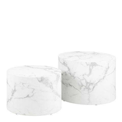 Dice Round Coffee Table Set of 2 in White Marble and Carrara Rough Paper — front view