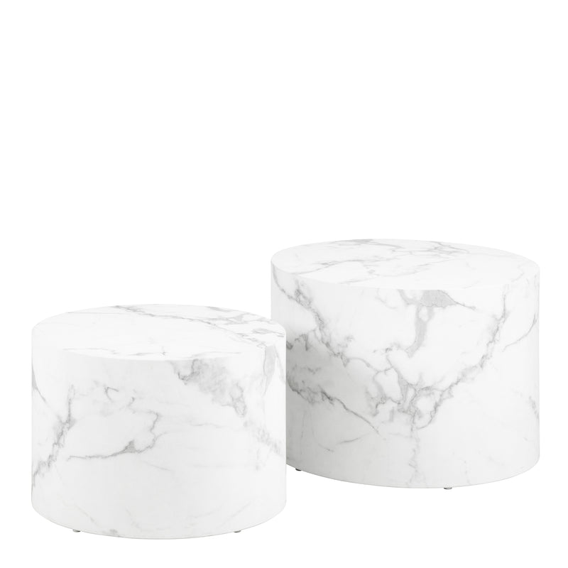 Dice Round Coffee Table Set of 2 in White Marble and Carrara Rough Paper — front view