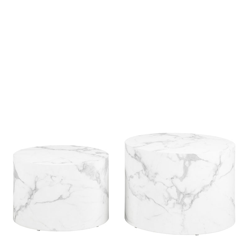 Dice Round Coffee Table Set of 2 in White Marble and Carrara Rough Paper — side angle