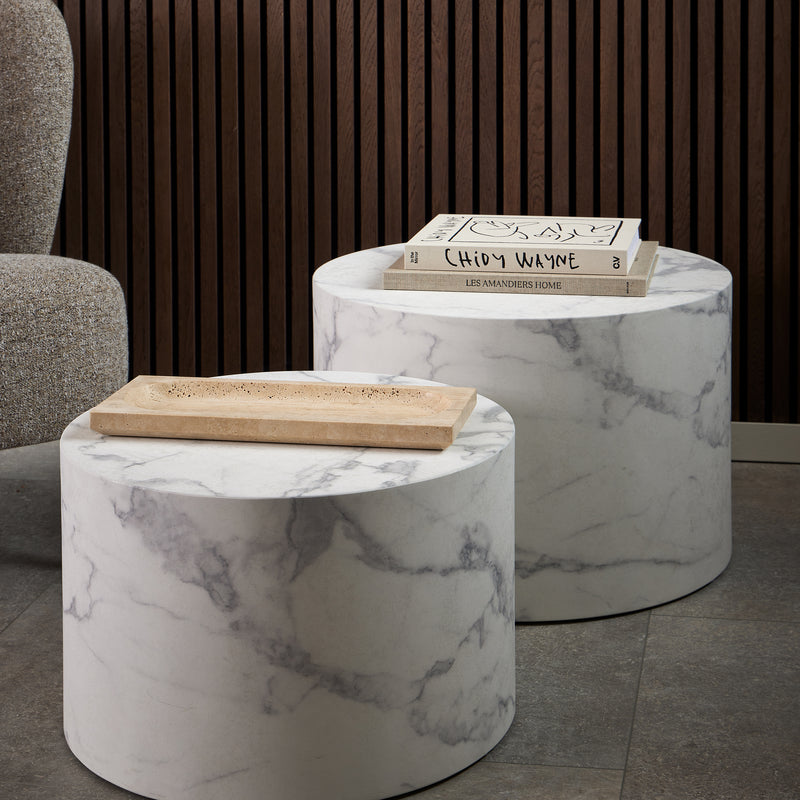 Dice Round Coffee Table Set of 2 in White Marble and Carrara Rough Paper — alternative angle