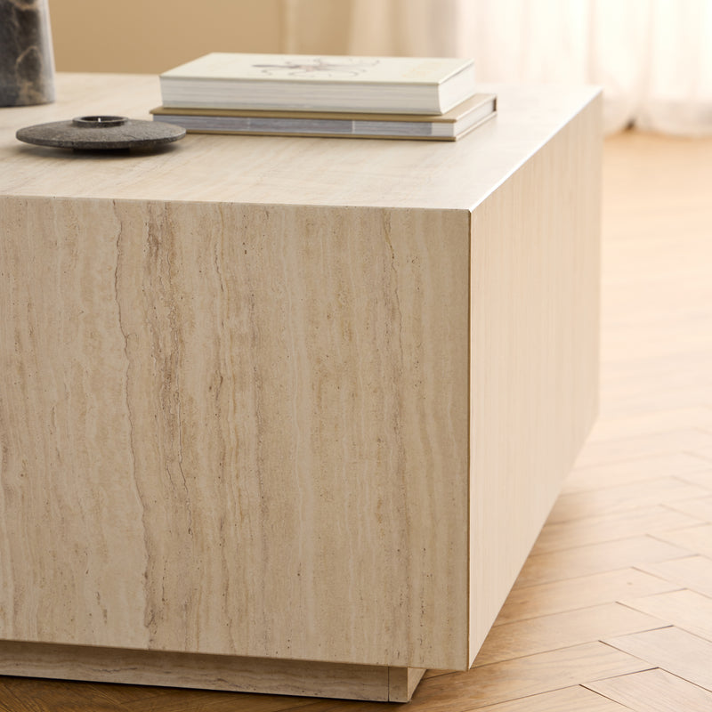 Dice Square Coffee Table in Light Travertine Effect 90x90x42cm — alternative angle
