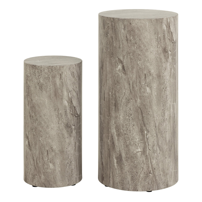 Dice Round Pedestal Set of 2 in Grey Marble and River Rough Paper — side angle