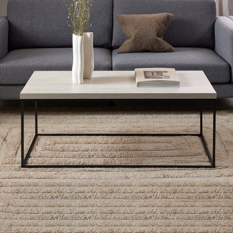 Barossa Coffee Table with Travertine Rough Paper Top & Black Powder Steel Base 110x55x45cm — detail view
