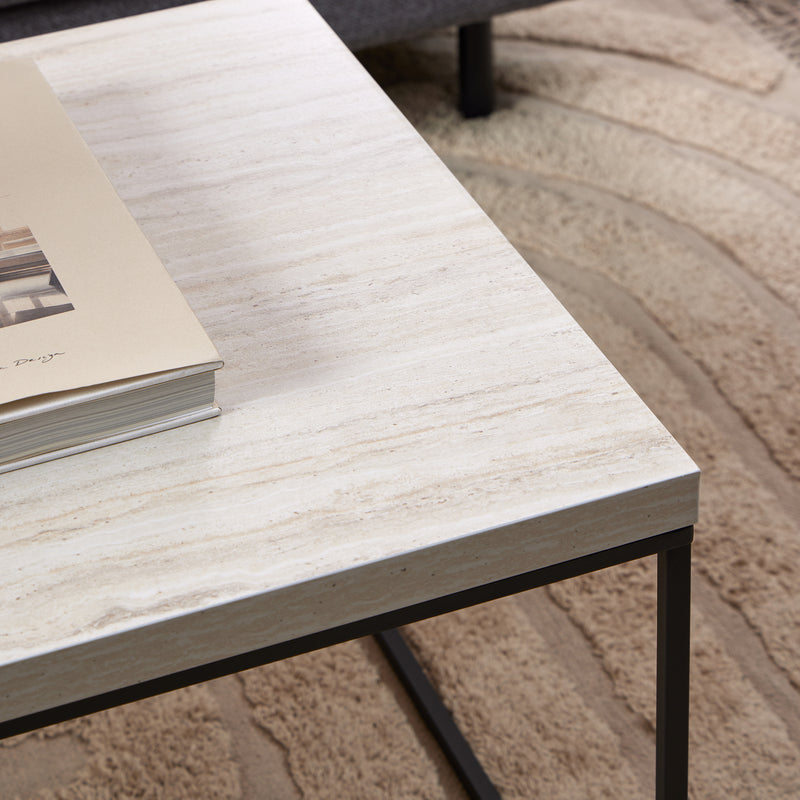 Barossa Coffee Table with Travertine Rough Paper Top & Black Powder Steel Base 110x55x45cm — view