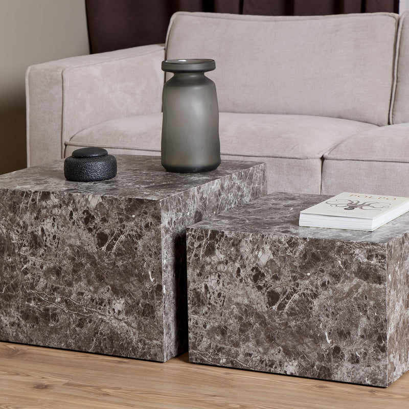 Dice Square Coffee Table Set in Light Brown Emperador Rough Paper — alternative angle