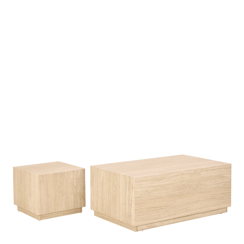 Dice Square and Rectangular Coffee Table Set of 2 in Travertine Rough Paper Effect — front view