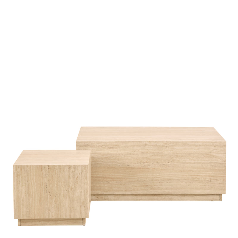 Dice Square and Rectangular Coffee Table Set of 2 in Travertine Rough Paper Effect — side angle