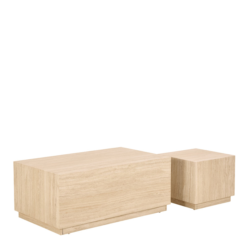 Dice Square and Rectangular Coffee Table Set of 2 in Travertine Rough Paper Effect — detail view