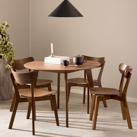 Roxby Round Dining Table in Walnut 120cm includes 4 Roxby Dining Chairs in Walnut — front view