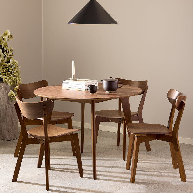 Roxby Round Dining Table in Walnut 120cm includes 4 Roxby Dining Chairs in Walnut — front view