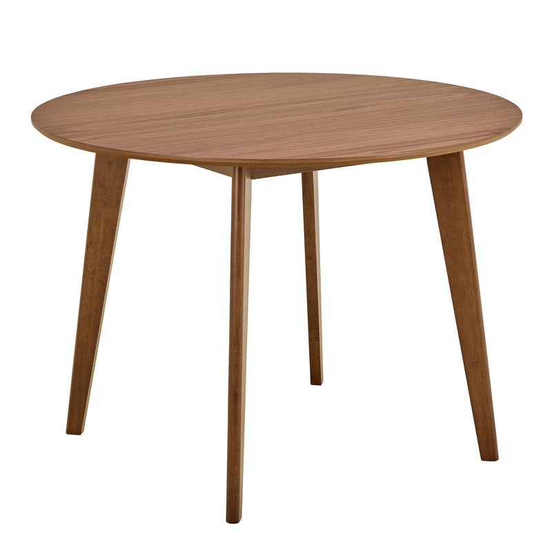 Roxby Round Dining Table in Walnut 120cm includes 4 Roxby Dining Chairs in Walnut — side angle