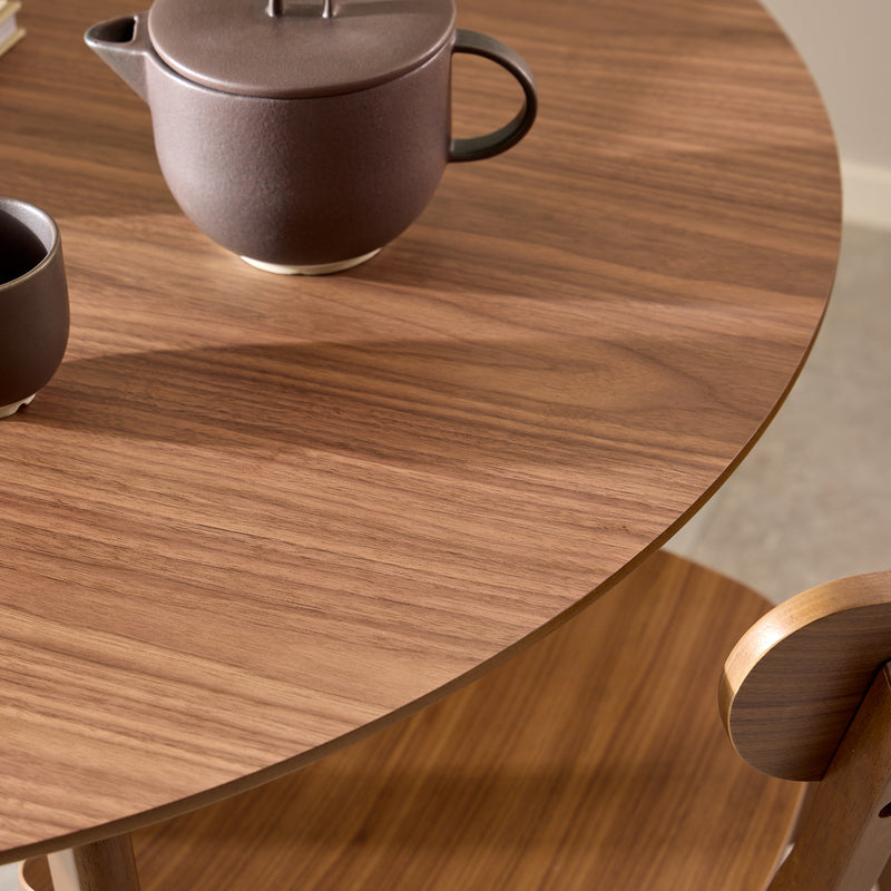 Roxby Round Dining Table in Walnut 120cm includes 4 Roxby Dining Chairs in Walnut — alternative angle