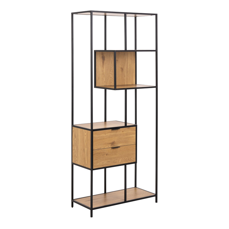 Seaford Tall Wild Oak Metal 2 Drawer Bookcase With 4 Shelves — front view