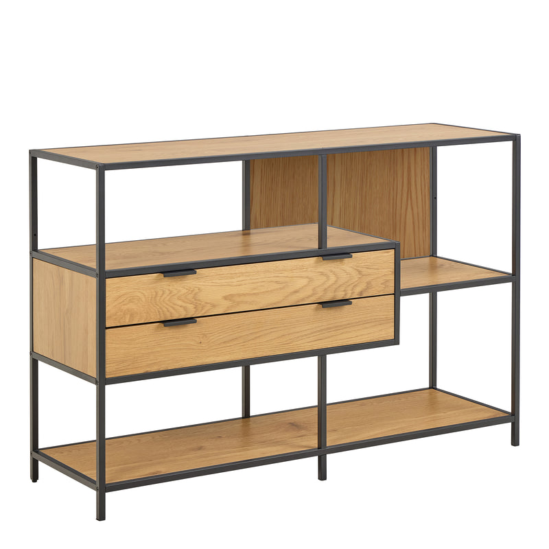 Seaford Wide Oak Metal Bookcase 2 Drawers and 3 Shelves in Matt Wild Oak — front view