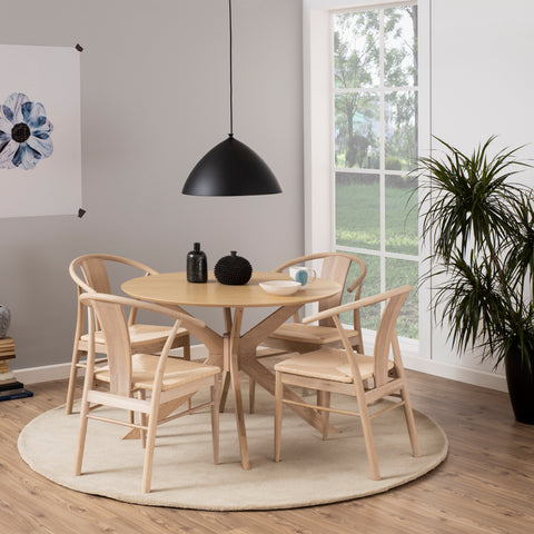 I_Duncan Round Dining Table in White Oak 105cm includes 4 Cassandra Dining Chairs with Armrest in White Oak — front view