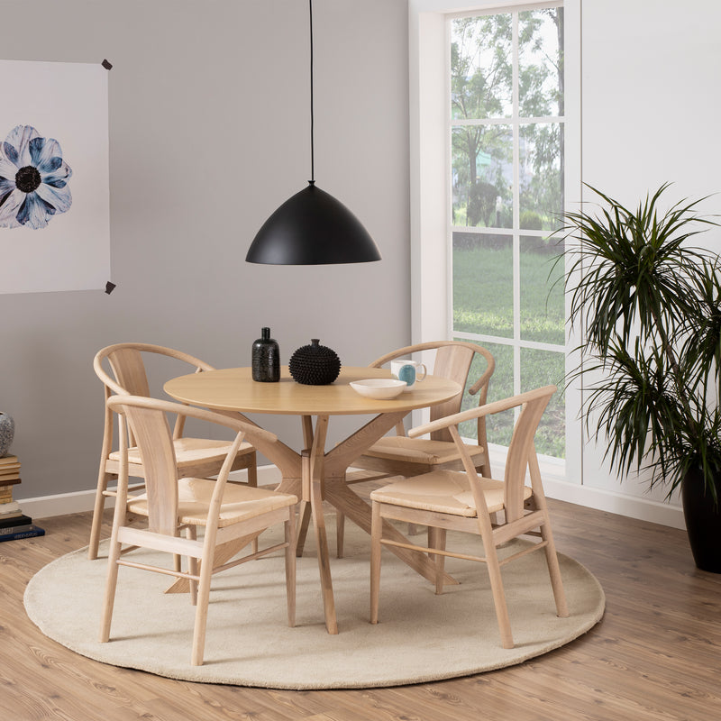 I_Duncan Round Dining Table in White Oak 105cm includes 4 Cassandra Dining Chairs with Armrest in White Oak — front view