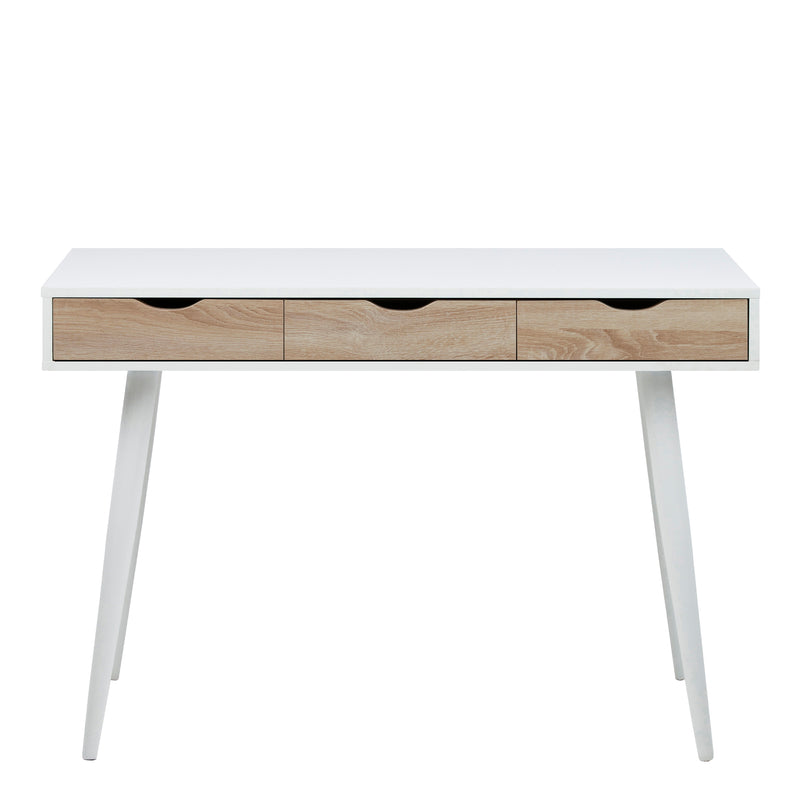 Neptun 3 Drawer Desk in White with 3 Oak Drawers — side angle