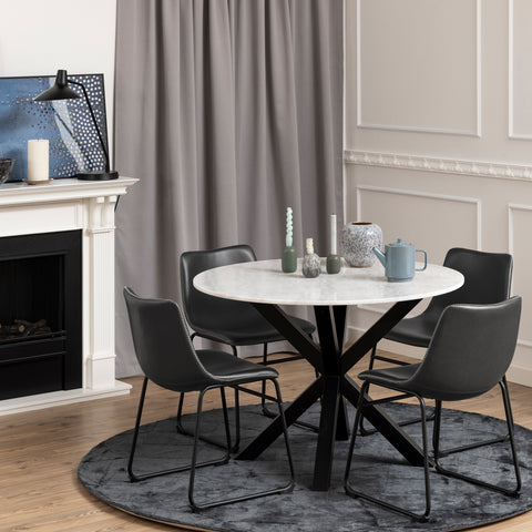Heaven Round Dining Table with White Polished Marble Top 110cm includes 4 I_Oregon Dining Chairs In Black with Cream Stitching — front view