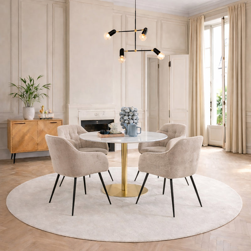 Corby Round Dining Table with White Polished Marble Top & Gold Base inc 4 Brooke Dining Chairs with Armrests in Monza Beige — front view