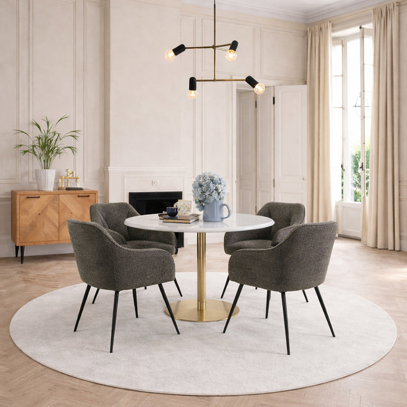 Corby Round Dining Table with White Polished Marble Top & Gold Base inc 4 Brooke Dining Chairs with Armrests in Taupe — front view
