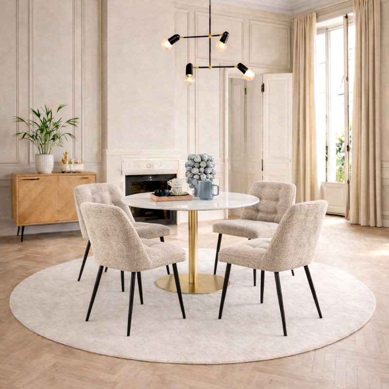 Corby Round Dining Table with White Polished Marble Top & Gold Base inc 4 Brooke Dining Chairs in Beige — view