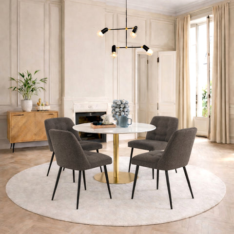 Corby Round Dining Table with White Polished Marble Top & Gold Base inc 4 Brooke Dining Chairs in Taupe — front view