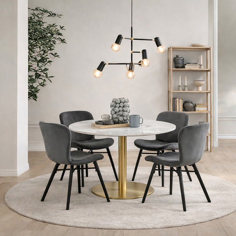 Corby Round Dining Table with White Polished Marble Top & Gold Base inc 4 Batilda Dining Chairs in Dark Grey — lifestyle setting
