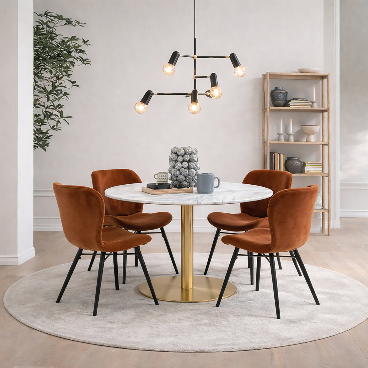 Corby Round Dining Table with White Polished Marble Top & Gold Base inc 4 Batilda Dining Chairs in Copper — front view