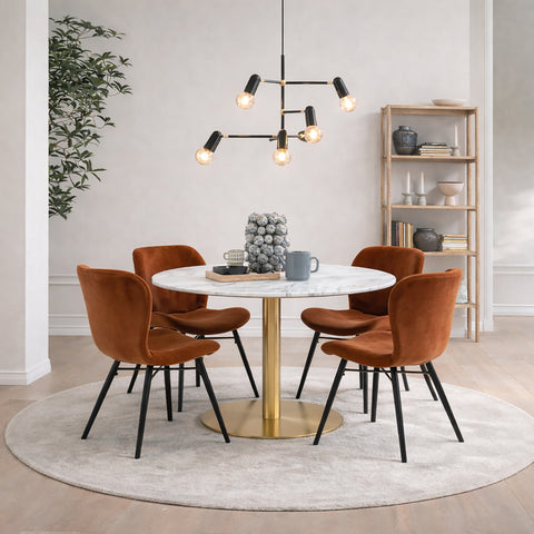Corby Round Dining Table with White Polished Marble Top & Gold Base inc 4 Batilda Dining Chairs in Copper — front view