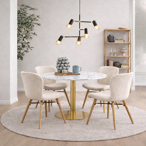 Corby Round Dining Table with White Polished Marble Top & Gold Base inc 4 Batilda Dining Chairs in Cream/Oak Legs — front view