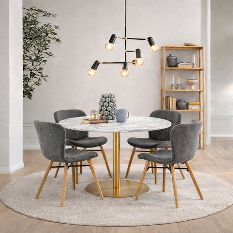 Corby Round Dining Table with White Polished Marble Top & Gold Base inc 4 Batilda Dining Chairs in Grey/Oak Legs — front view