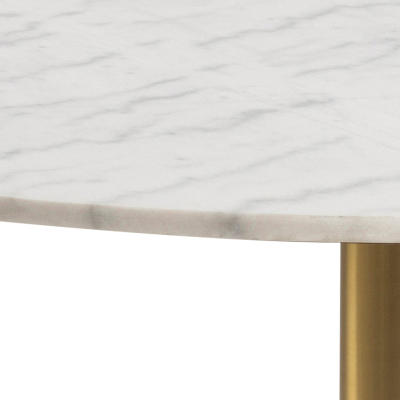 Corby Round Dining Table with White Polished Marble Top & Gold Base inc 4 Batilda Dining Chairs in Grey/Oak Legs — detail view