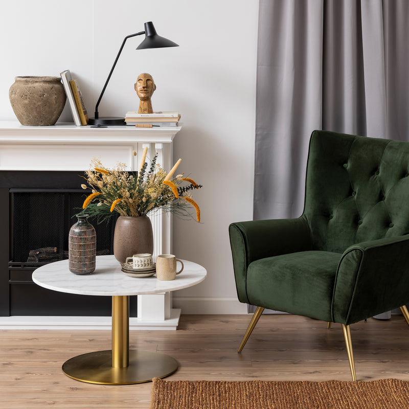 Corby Round Coffee Table with White Polished Marble Top & Gold Base — side angle